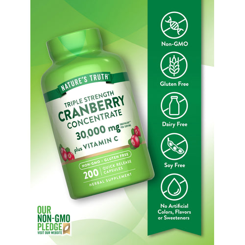 Cranberry bottle with icons indicating Non-GMO, Gluten Free, Dairy Free, Soy Free, No Artificial Colors, Flavors, Sweeteners.