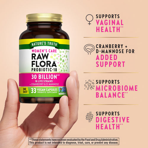 Product highlights graphic stating VAGINAL HEALTH, CRANBERRY + D-MANNOSE SUPPORT, MICROBIOME BALANCE, DIGESTIVE HEALTH.