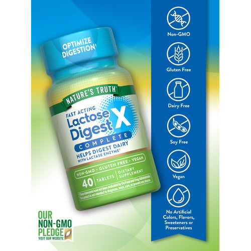 NT Lactose Digest Complete X, 40 Tablets shown next to a hand for scale.