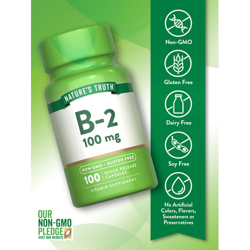 B-2 bottle with icons indicating Non-GMO, Gluten Free, Dairy Free, Soy Free, No Artificial Colors, Flavors, Sweeteners, Preservatives.