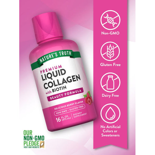 NT Collagen Liquid bottle promoting non-GMO, gluten-free, dairy-free, with no artificial colors or sweeteners.