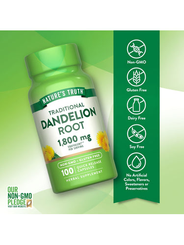 A hand holds a bottle containing 100 quick release capsules of 1,800 mg traditional Dandelion Root.