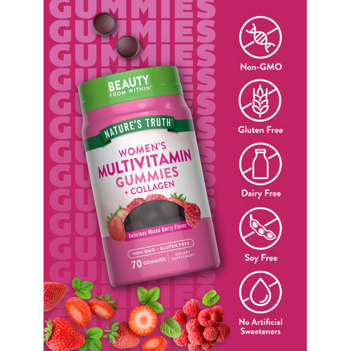 A hand holds dark purple mixed berry flavored Women's Multivitamin + Collagen gummies.
