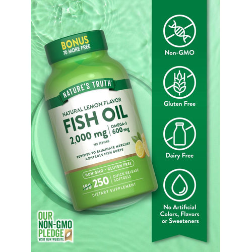 Nature's Truth Natural Lemon Flavor Fish Oil: 2,000 mg Omega-3, 600 mg, 250 Quick Release Softgels, Plus 70 Free.