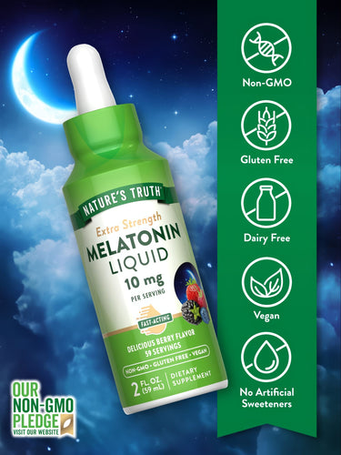 A bottle of 10 mg per serving melatonin liquid, with a total volume of 2 fl. oz. (59 mL).