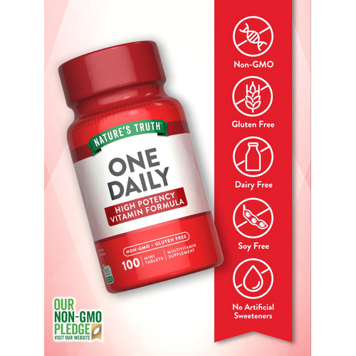One Daily Multi bottle labeled as Non-GMO, Gluten Free, Dairy Free, Soy Free, and No Artificial Sweeteners.