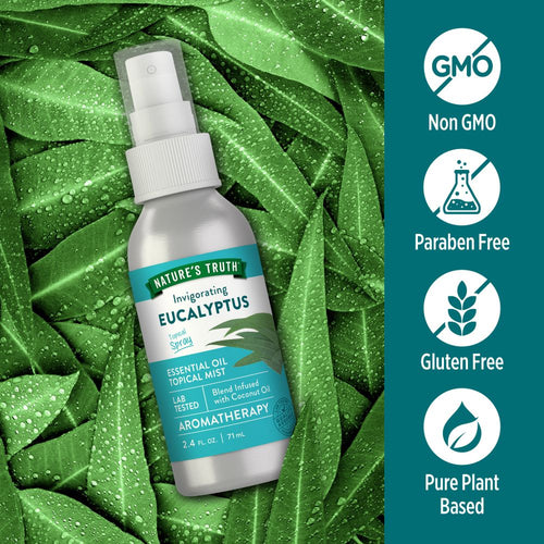A 2.4 FL. OZ. | 71 mL NT Eucalyptus Mist topical spray bottle is displayed for scale reference.