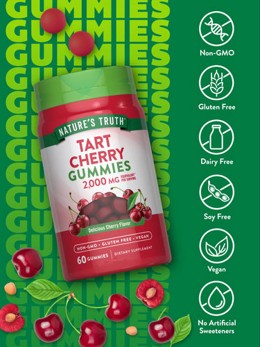 Tart Cherry Gummies, 2,000 mg equivalent, 60 count. Bottle alongside loose gummies and fresh cherries.