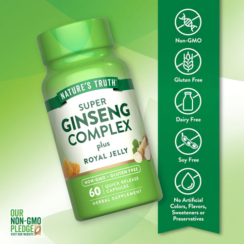 A hand holds a bulk scale packaging of 60 quick release capsules of Super Ginseng Complex with Royal Jelly.