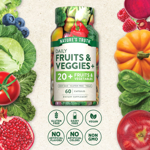 A bottle labeled Fruits & Veggies: Gluten Free, Dairy Free, Vegan, No Artificial Flavors, No Artificial Colors, Non GMO.