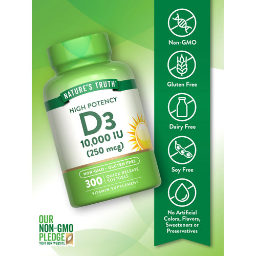 Vitamin D3 bottle with icons indicating non-GMO, gluten-free, dairy-free, soy-free, no artificial colors, flavors, or preservatives.