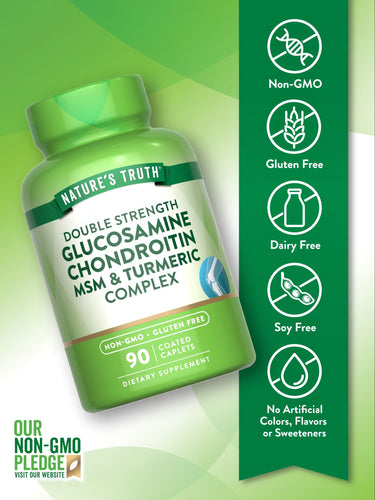 Nature's Truth Double Strength Glucosamine Chondroitin MSM & Turmeric Complex, 90 Coated Caplets, shown on bulk scale.