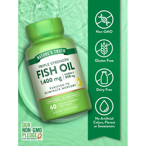Nature's Truth Triple Strength Fish Oil features 60 quick release softgels, each offering 1400 mg with 850 mg of Omega-3.