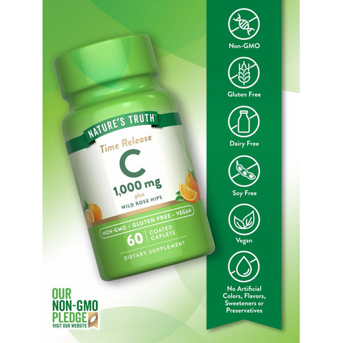 Vitamin C bottle: Non-GMO, Gluten Free, Dairy Free, Soy Free, Vegan, No Artificial Colors, Flavors, Sweeteners, or Preservatives.
