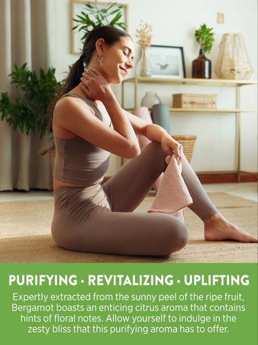 Young woman relaxing, touching neck; graphic states: 'PURIFYING • REVITALIZING • UPLIFTING. Bergamot boasts an enticing citrus aroma.'