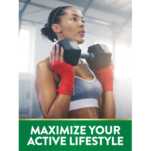 Young woman lifting a dumbbell with text 'MAXIMIZE YOUR ACTIVE LIFESTYLE'.