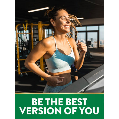 A young woman runs on a treadmill in a gym. The text 'BE THE BEST VERSION OF YOU' appears at the bottom.