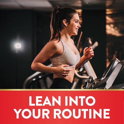 Young adult woman running on a treadmill. Graphic at bottom states: LEAN INTO YOUR ROUTINE. Product: Apple Lean Capsules.