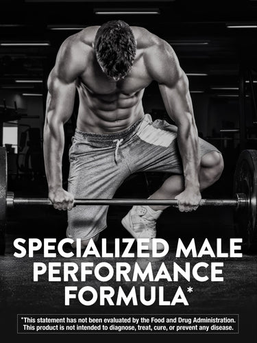 Muscular man lifts a barbell in a gym with the text 'SPECIALIZED MALE PERFORMANCE FORMULA*' displayed.