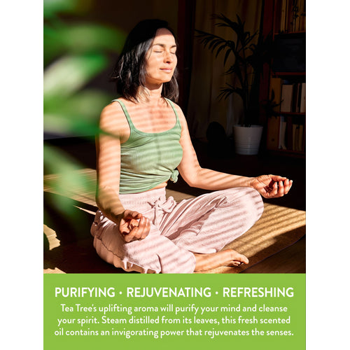 Adult woman meditating in sunlight. Graphic: Purifying, Rejuvenating, Refreshing. Tea Tree aroma purifies mind, spirit & senses.