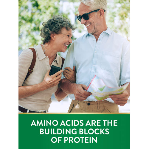 Elderly couple smiling, walking arm-in-arm outdoors with a map. Text: AMINO ACIDS ARE THE BUILDING BLOCKS OF PROTEIN.