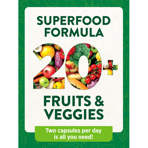 Product highlights graphic stating SUPERFOOD FORMULA, 20+ FRUITS & VEGGIES, two capsules per day is all you need!