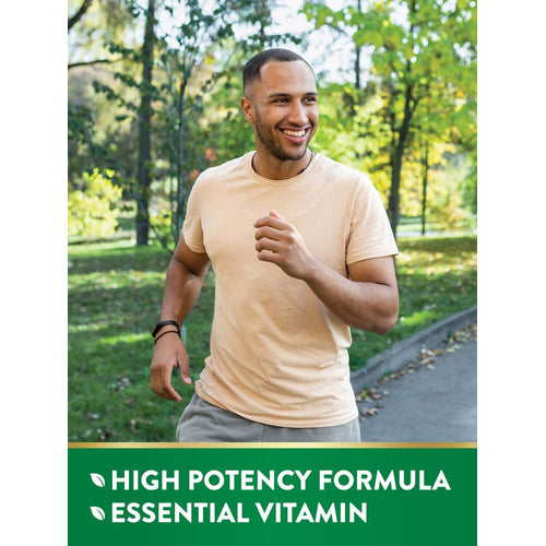 A smiling young man jogging outdoors, with text: 'High potency formula, essential vitamin.'