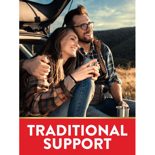 A young adult couple sits in the open trunk of a car, enjoying a scenic view, with 'TRADITIONAL SUPPORT' text in view.
