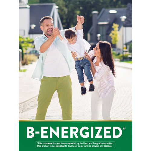 Man, woman, young child playing outdoors. Green banner with 'B-ENERGIZED*'. Disclaimer: 'Product not intended to diagnose, treat, cure'.