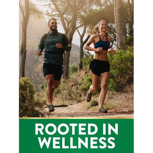 Young adults running on a forest trail beside Ginger Root, enjoying nature and exercise.