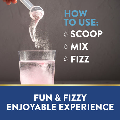 NT Fizzy Magnesium Glycinate Powder 5.93oz is added to water, creating fizz. Instructions are visible: SCOOP, MIX, FIZZ.