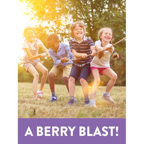 Four children (two girls, two boys) happily playing tug-of-war in a sunny grassy field. Bottom purple banner states 'A BERRY BLAST!'.