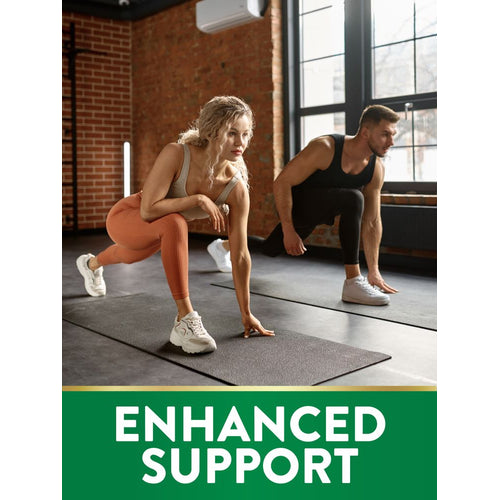 Young adult woman and man doing lunges in a gym, with a green banner stating 'ENHANCED SUPPORT' below, for Co Q-10.
