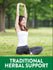 Young adult woman stretching outdoors and smiling. Green banner reads 'TRADITIONAL HERBAL SUPPORT'.
