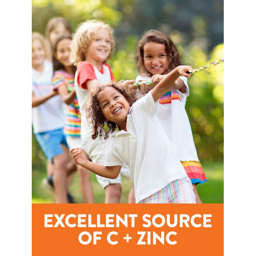 Diverse kids playing tug-of-war outdoors. Graphic text: 'EXCELLENT SOURCE OF C + ZINC'.