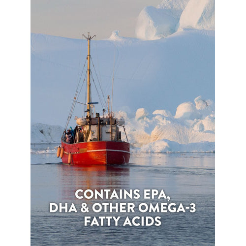 Red fishing boat in icy waters with icebergs, text reads: 'Contains EPA, DHA & other Omega-3 fatty acids'.