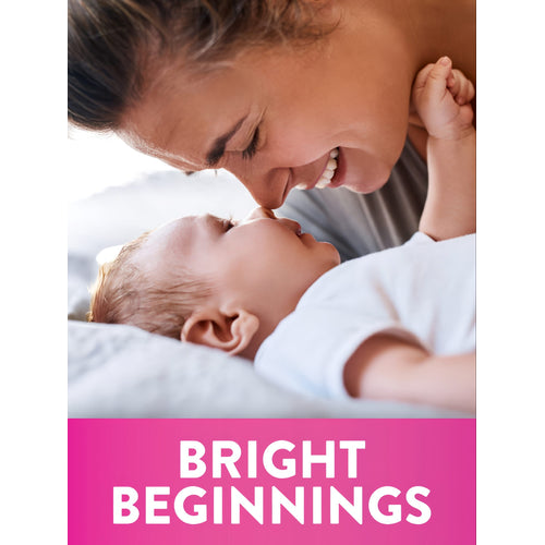 A mother and baby smile at each other, touching noses, next to Prenatal Multi + DHA.