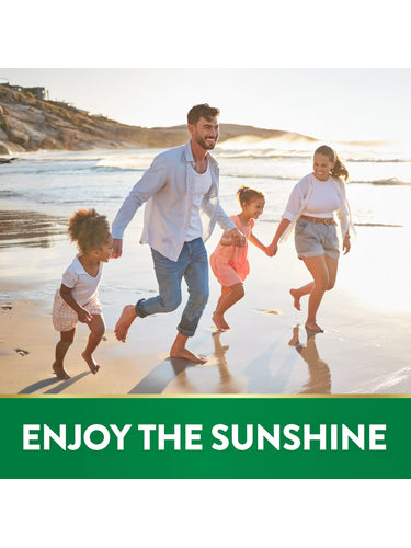 Family of four, a man, woman, and two girls, run on a beach. Green banner reads: ENJOY THE SUNSHINE.