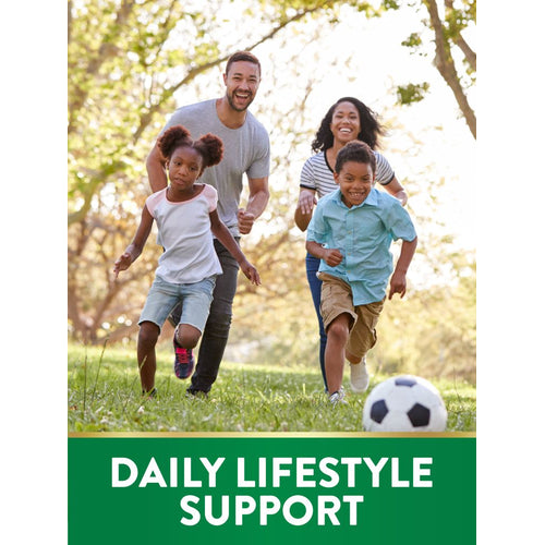 A diverse family playing soccer in a park, featuring the text 'DAILY LIFESTYLE SUPPORT'.