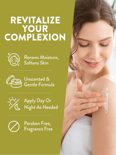 Woman applying Vitamin E-Cream. Graphic lists: Renews Moisture, Softens Skin; Unscented, Gentle; Day/Night; Paraben, Fragrance Free.