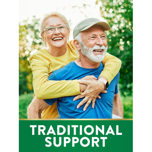 An older man giving an older woman a piggyback ride; both are smiling. The text reads 'TRADITIONAL SUPPORT'.