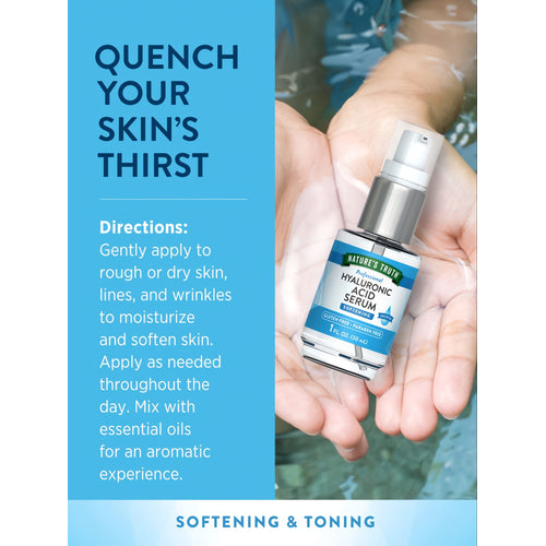 A 1 FL. OZ. (30 mL) bottle of Nature's Truth Professional Hyaluronic Acid Serum held in hands.
