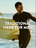 Young man in a wetsuit carrying a surfboard on the beach, with text 'TRADITIONAL HERB FOR MEN'.