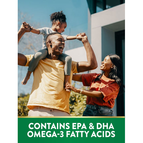 Family playing outdoors, father carrying child on shoulders, with banner stating 'CONTAINS EPA & DHA OMEGA-3 FATTY ACIDS'.