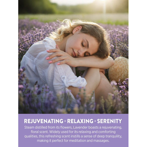 Woman relaxing with closed eyes in a lavender field. Text: REJUVENATING • RELAXING • SERENITY. Lavender oil for tranquility.