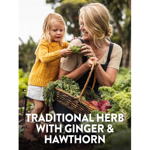 Adult woman and child harvesting vegetables in a garden. Overlay text: TRADITIONAL HERB WITH GINGER & HAWTHORN.