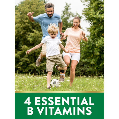 A family plays soccer in a grassy park with a green band reading: '4 ESSENTIAL B VITAMINS' at the bottom.