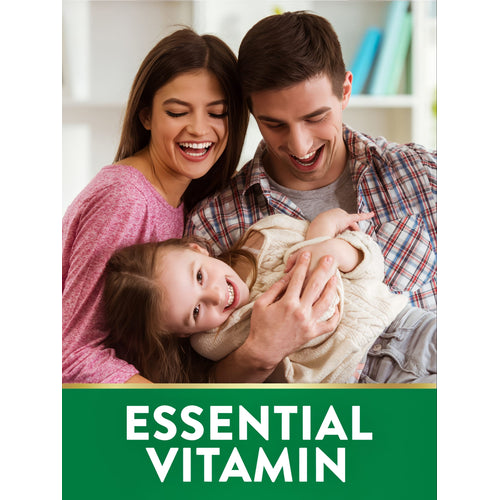 A young couple and their daughter laughing, alongside the text 'ESSENTIAL VITAMIN'.