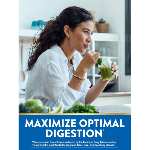 Adult woman drinking a green smoothie from a jar. Graphic text: MAXIMIZE OPTIMAL DIGESTION*.