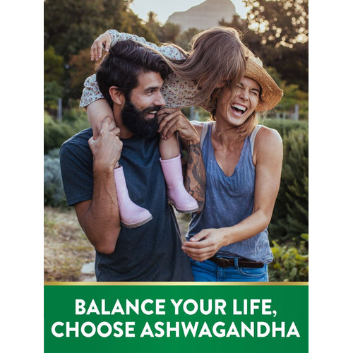 A family of three laughing and playing outdoors with the text 'CHOOSE ASHWAGANDHA'.